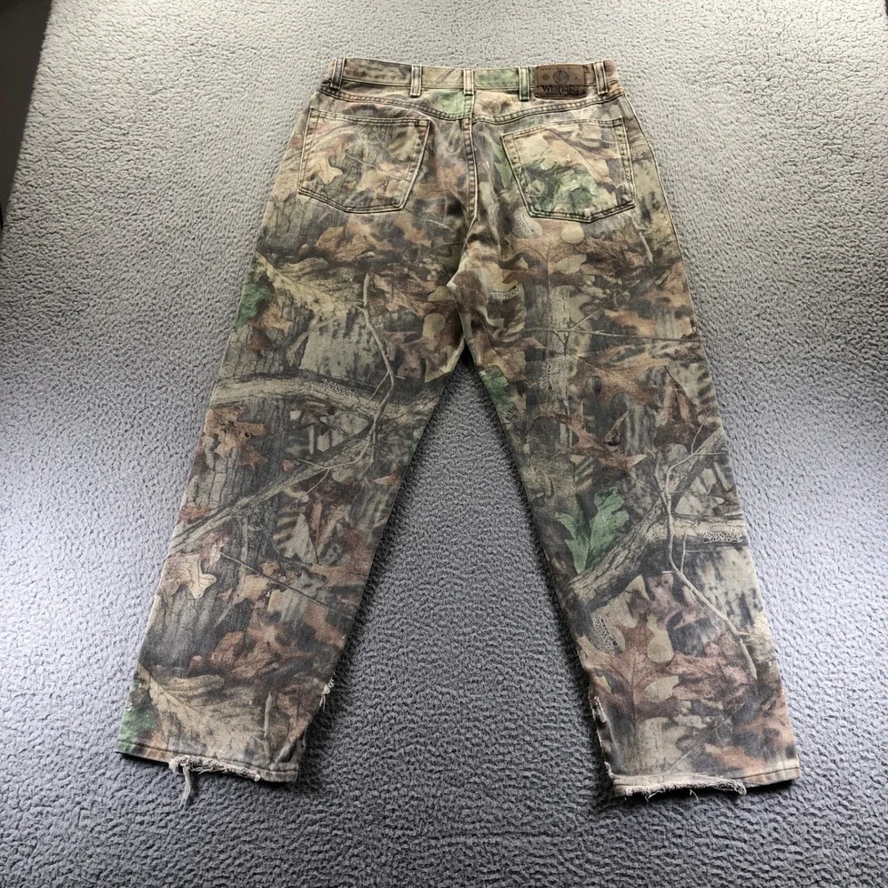 Wrangler Jeans Mens 32x28 Green Camouflage Double Knee Distressed Thrashed